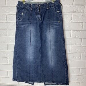 Vimms Outfitters‎ Goodwill Wear Denim Skirt Aline Midi Med Wash Pockets Patches